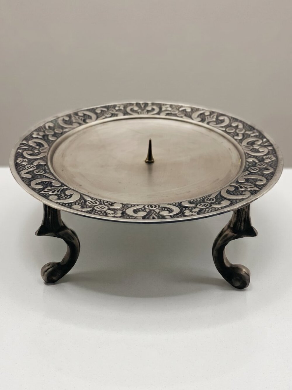 Vintage Ornate Silver Tone Metal Pillar Candle Holder Floral Scroll Footed Stand